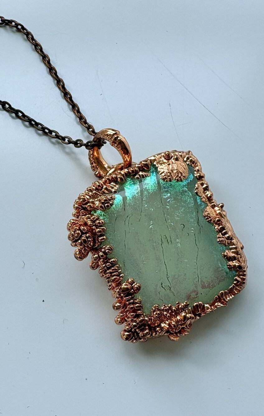 Hand Crafted Dichroic Fused Glass Pendant Necklace Iridescent Chunky Copper